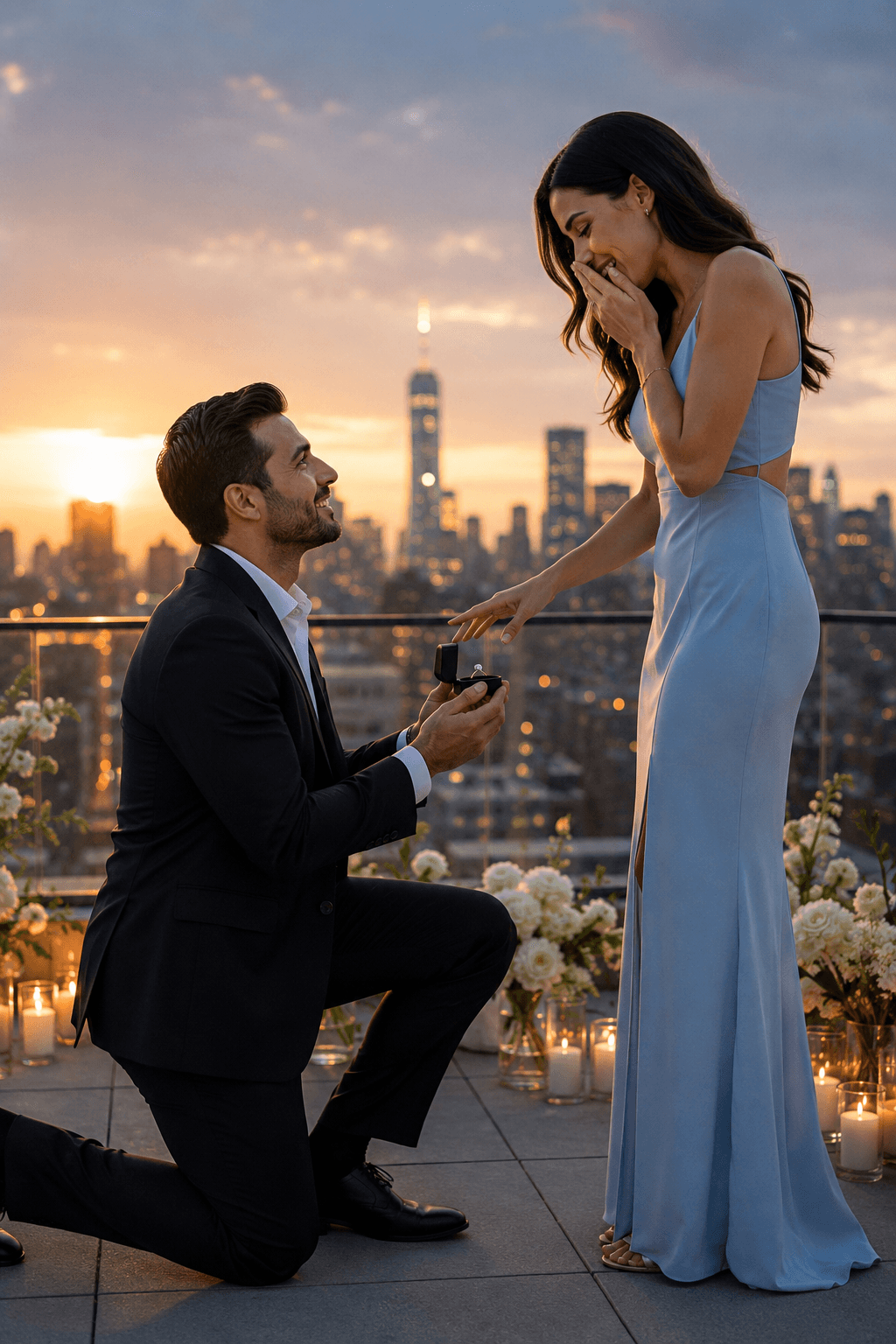 GPT Image 2-generated engagement proposal on a city rooftop at golden hour